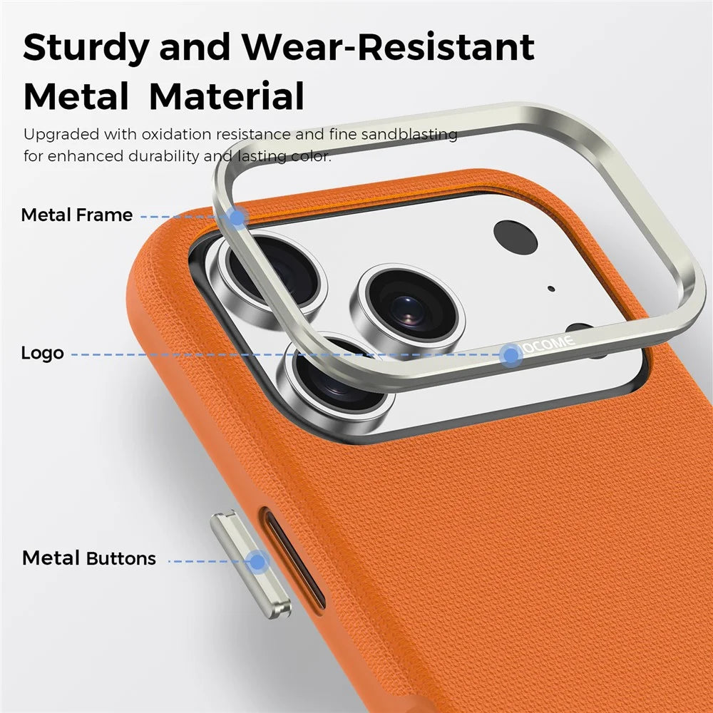 For iPhone 18 Pro Case Compatible with MagSafe Fine Grid Texture Leather Coated TPU PC Phone Cover with Metal Lens Frame - Orange - 6