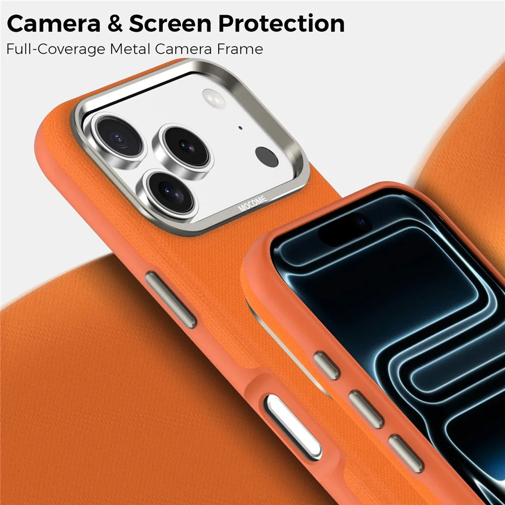 For iPhone 18 Pro Case Compatible with MagSafe Fine Grid Texture Leather Coated TPU PC Phone Cover with Metal Lens Frame - Orange - 7
