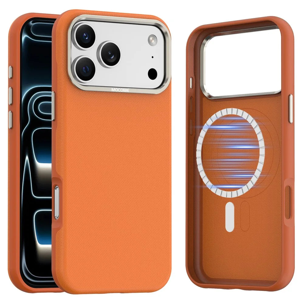 For iPhone 18 Pro Max Case Compatible with MagSafe Fine Grid Texture Leather Coated TPU PC Phone Cover with Metal Lens Frame - Orange - 1