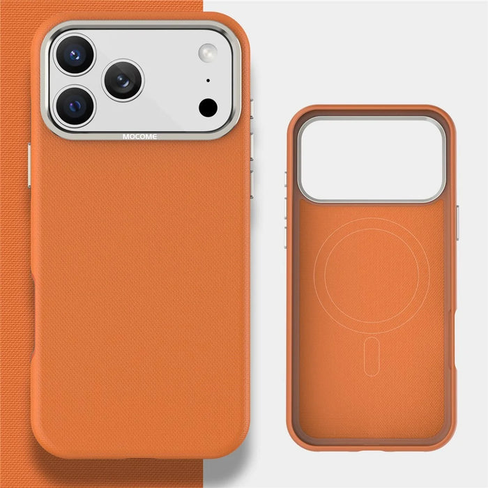 For iPhone 18 Pro Max Case Compatible with MagSafe Fine Grid Texture Leather Coated TPU PC Phone Cover with Metal Lens Frame - Orange - 2