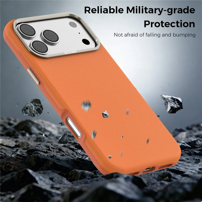 For iPhone 18 Pro Max Case Compatible with MagSafe Fine Grid Texture Leather Coated TPU PC Phone Cover with Metal Lens Frame - Orange - 5