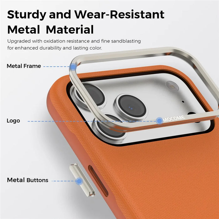 For iPhone 18 Pro Max Case Compatible with MagSafe Fine Grid Texture Leather Coated TPU PC Phone Cover with Metal Lens Frame - Orange - 6