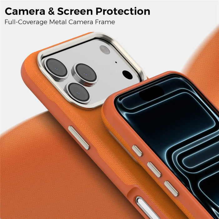 For iPhone 18 Pro Max Case Compatible with MagSafe Fine Grid Texture Leather Coated TPU PC Phone Cover with Metal Lens Frame - Orange - 7