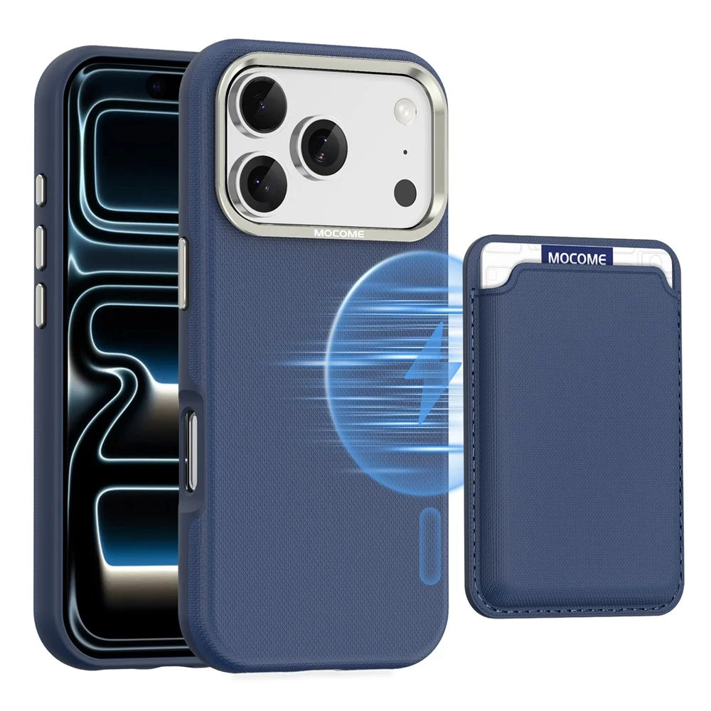 For iPhone 18 Pro Case Compatible with MagSafe Fine Grid Texture Leather Back Phone Cover with Detachable Card Holder - Sapphire - 1