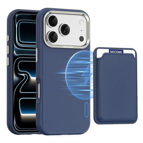 For iPhone 18 Pro Case Compatible with MagSafe Fine Grid Texture Leather Back Phone Cover with Detachable Card Holder - Sapphire - 1