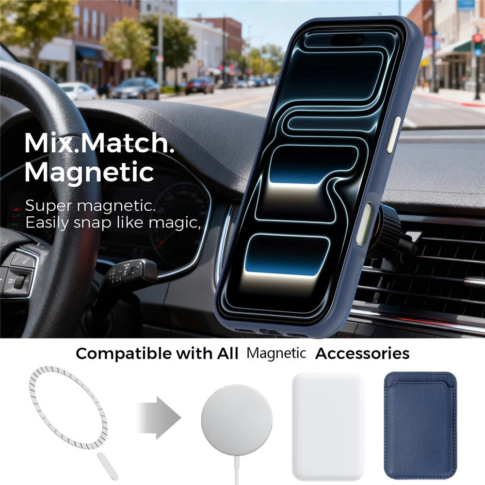 For iPhone 18 Pro Case Compatible with MagSafe Fine Grid Texture Leather Back Phone Cover with Detachable Card Holder - Sapphire - 2
