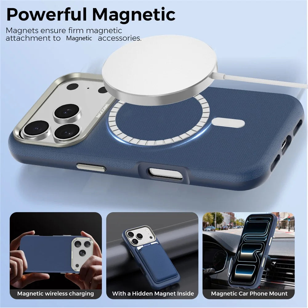 For iPhone 18 Pro Case Compatible with MagSafe Fine Grid Texture Leather Back Phone Cover with Detachable Card Holder - Sapphire - 3