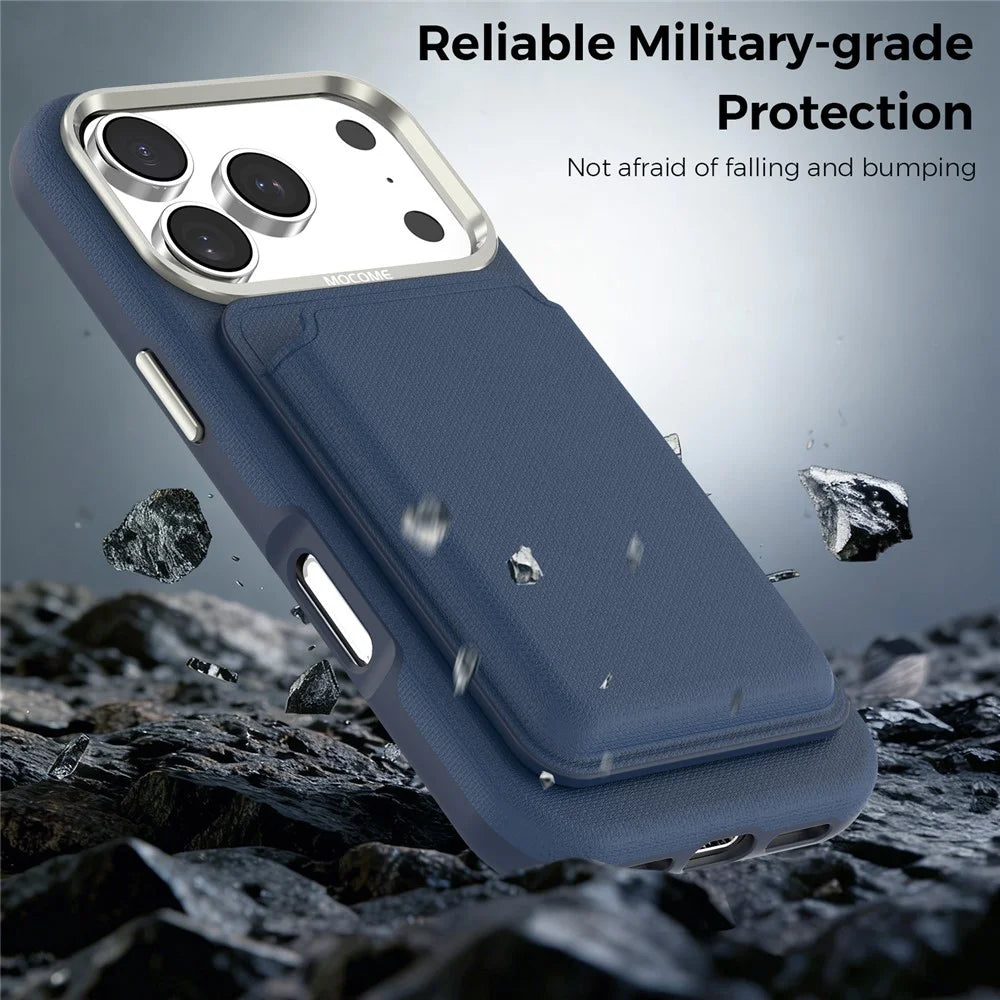 For iPhone 18 Pro Case Compatible with MagSafe Fine Grid Texture Leather Back Phone Cover with Detachable Card Holder - Sapphire - 4