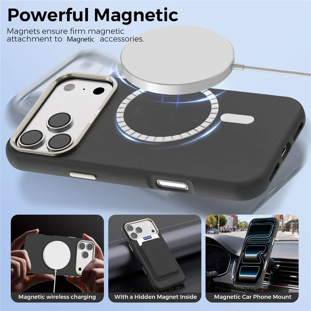 For iPhone 18 Pro Max Case Compatible with MagSafe Fine Grid Texture Leather Back Phone Cover with Detachable Card Holder - Black - 3
