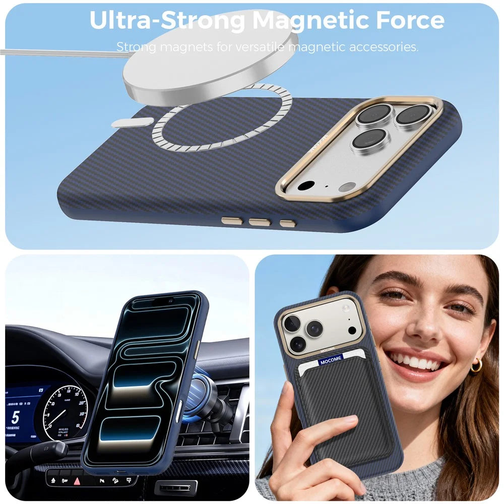 For iPhone 18 Pro Max Case Compatible with MagSafe Carbon Fiber Texture Shockproof Leather TPU PC Protective Cover - Sapphire - 3