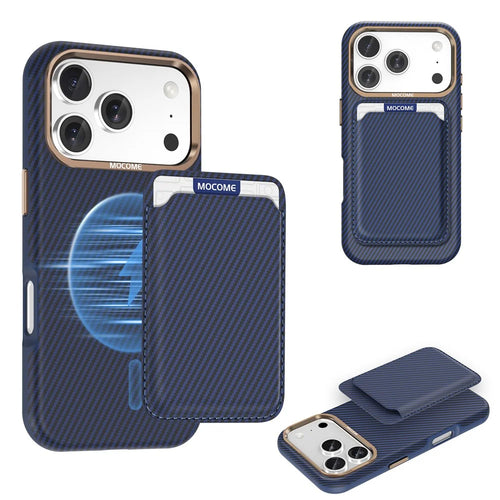 For iPhone 18 Pro Magnetic Case Carbon Fiber Texture Leather Back Phone Cover with Detachable Card Holder - Blue - 1