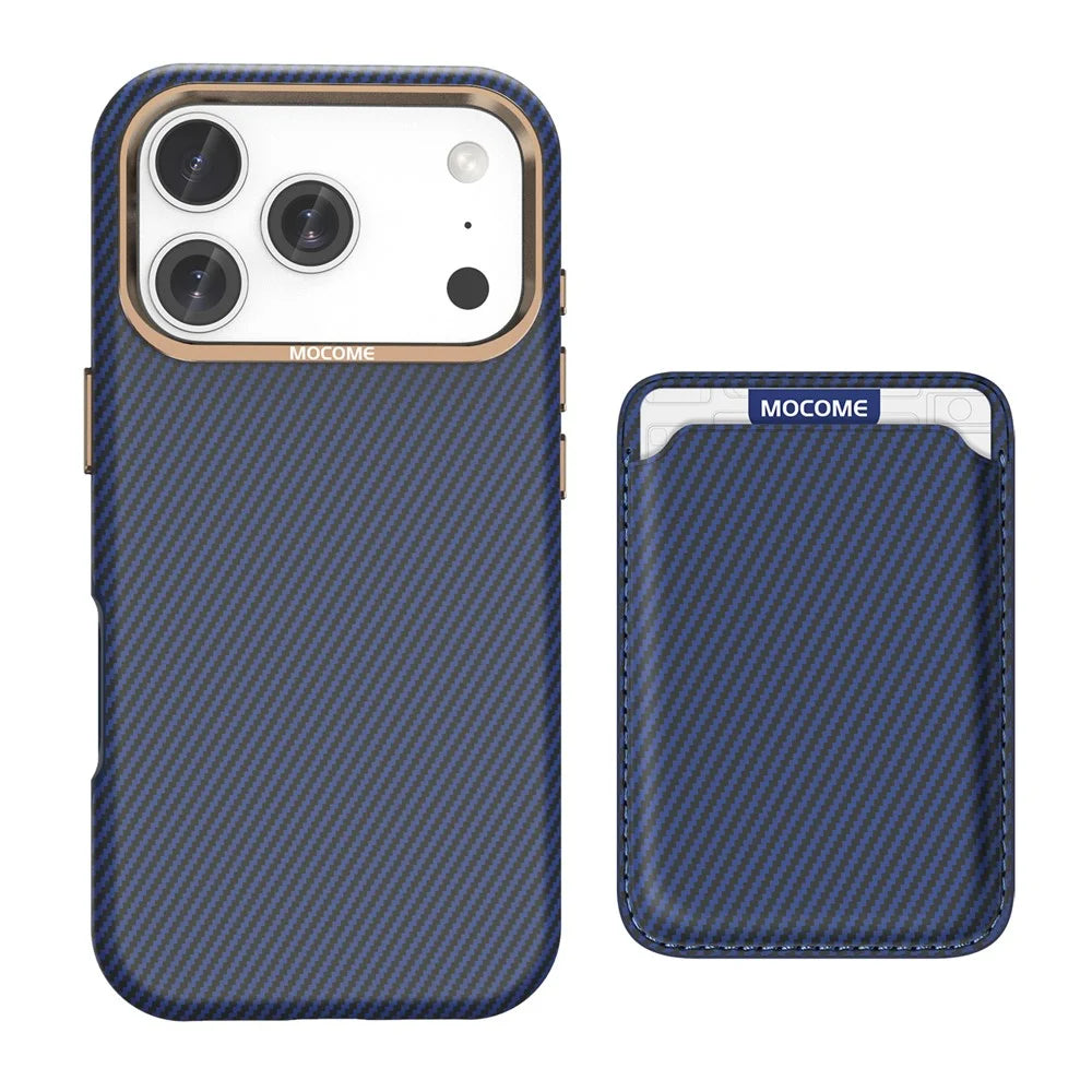 For iPhone 18 Pro Magnetic Case Carbon Fiber Texture Leather Back Phone Cover with Detachable Card Holder - Blue - 2