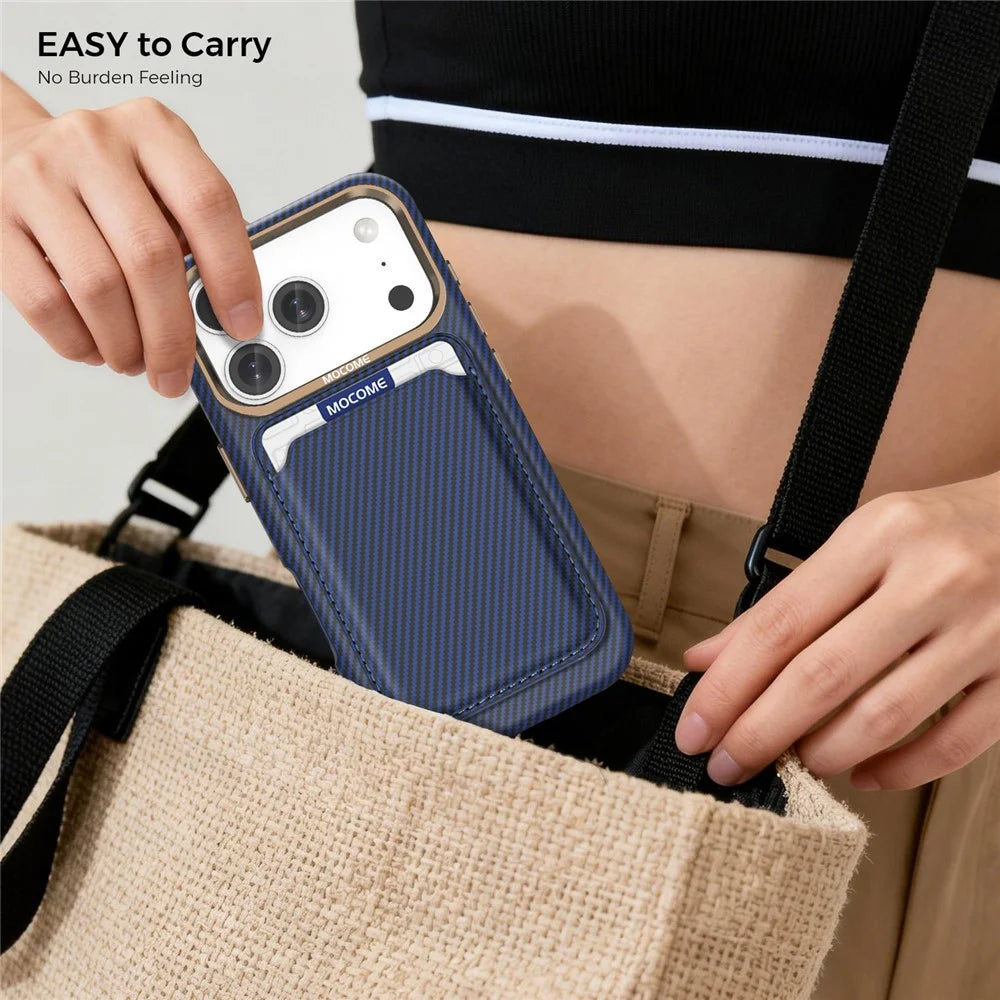 For iPhone 18 Pro Magnetic Case Carbon Fiber Texture Leather Back Phone Cover with Detachable Card Holder - Blue - 3