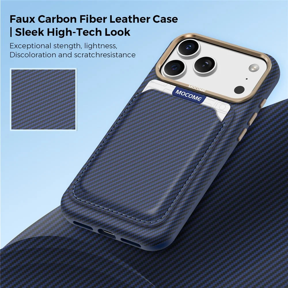 For iPhone 18 Pro Magnetic Case Carbon Fiber Texture Leather Back Phone Cover with Detachable Card Holder - Blue - 4