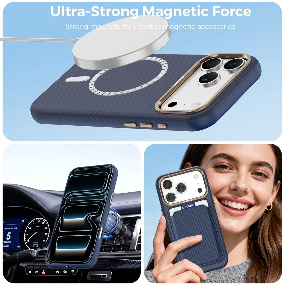 For iPhone 18 Pro Magnetic Case Carbon Fiber Texture Leather Back Phone Cover with Detachable Card Holder - Blue - 5