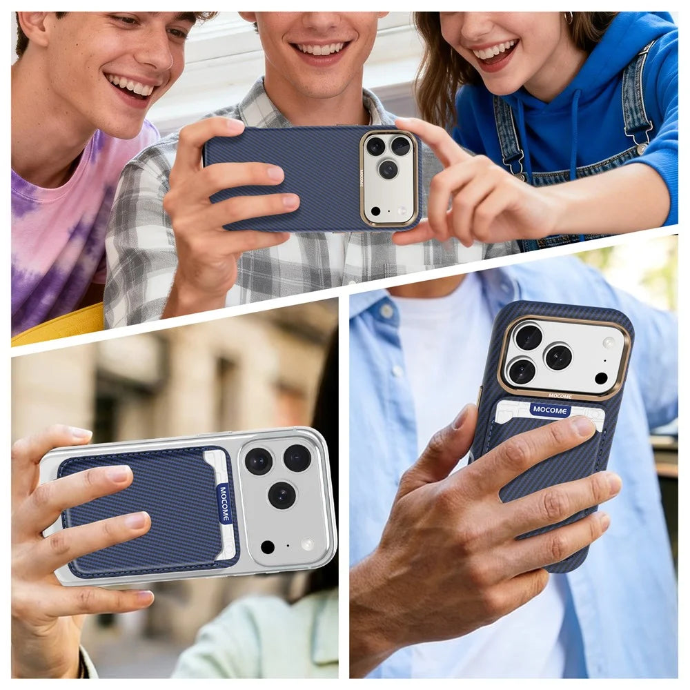 For iPhone 18 Pro Magnetic Case Carbon Fiber Texture Leather Back Phone Cover with Detachable Card Holder - Blue - 6