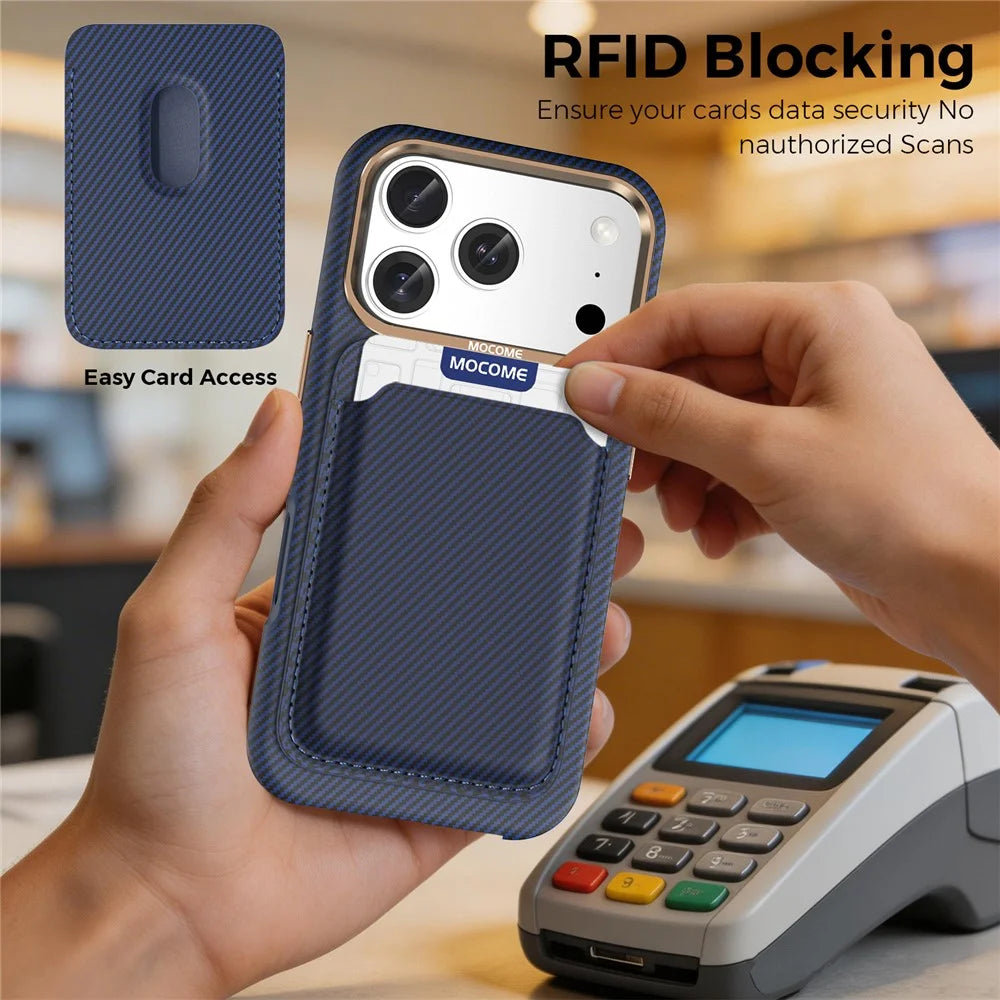 For iPhone 18 Pro Magnetic Case Carbon Fiber Texture Leather Back Phone Cover with Detachable Card Holder - Blue - 7