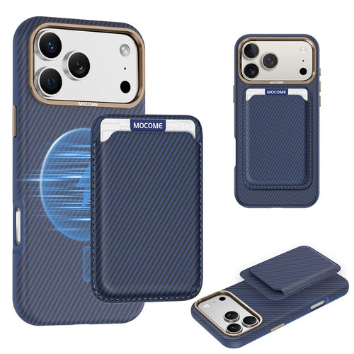For iPhone 18 Pro Max Magnetic Case Carbon Fiber Texture Leather Back Phone Cover with Detachable Card Holder - Sapphire - 1