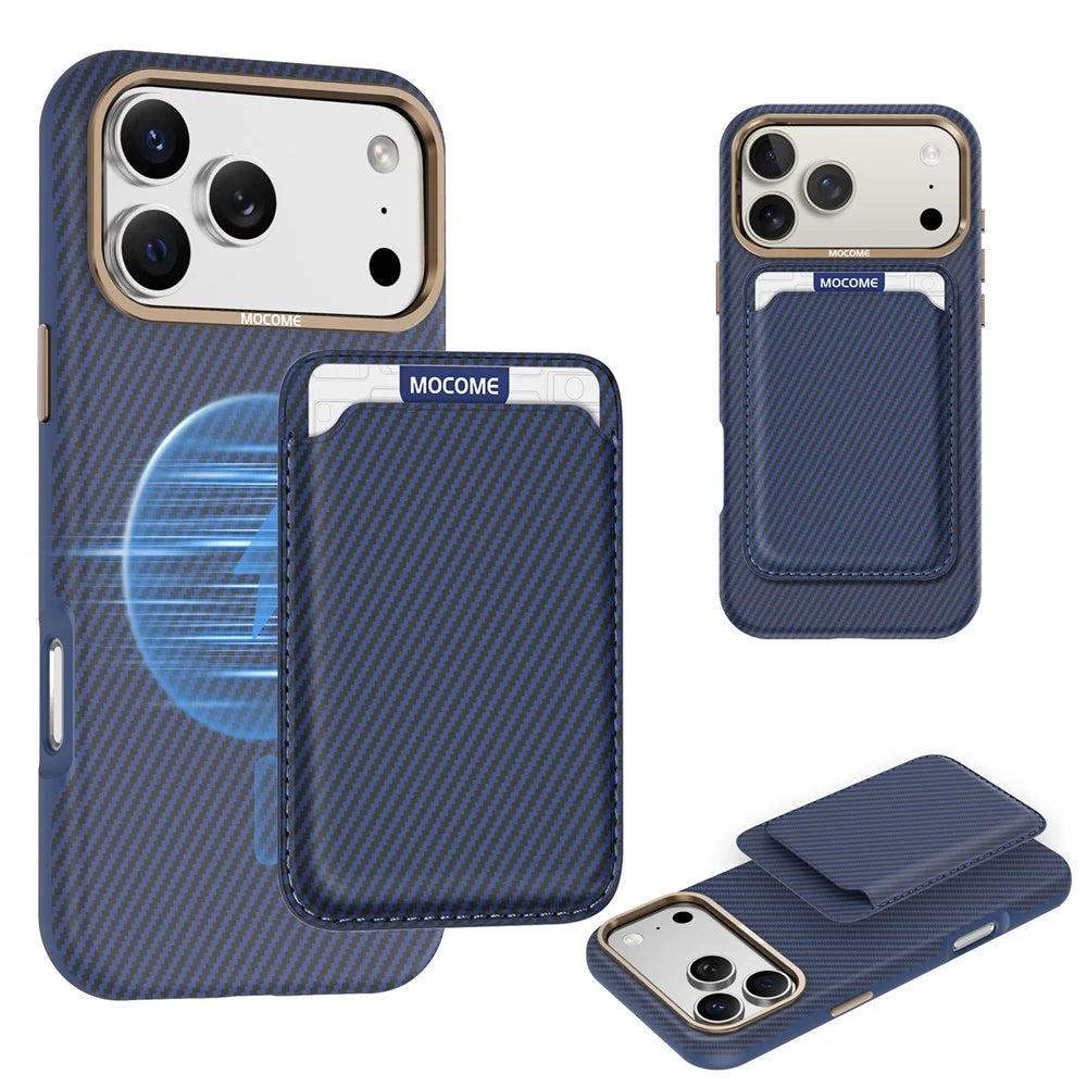 For iPhone 18 Pro Max Magnetic Case Carbon Fiber Texture Leather Back Phone Cover with Detachable Card Holder - Sapphire - 1