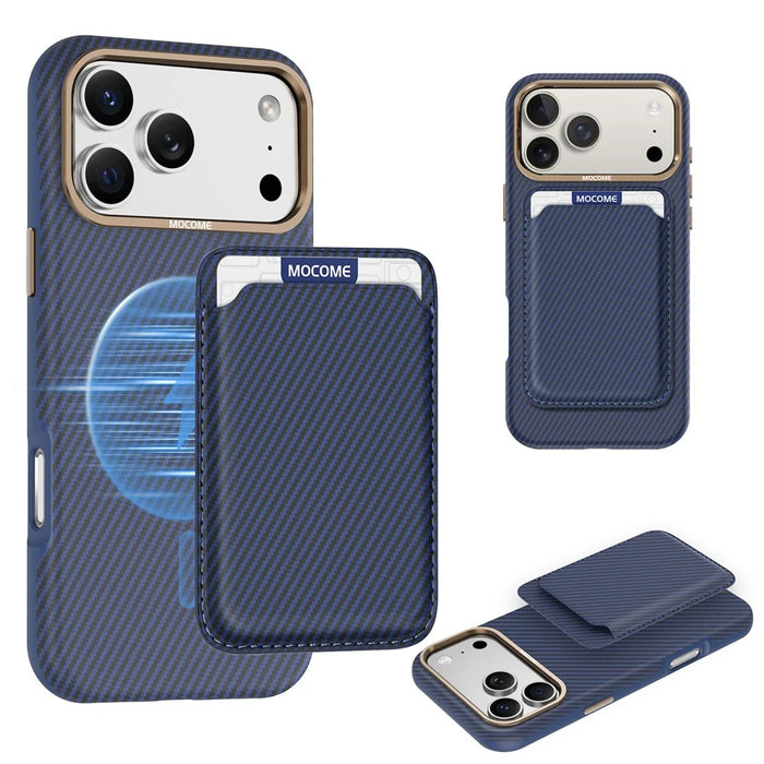 For iPhone 18 Pro Max Magnetic Case Carbon Fiber Texture Leather Back Phone Cover with Detachable Card Holder - Sapphire - 1
