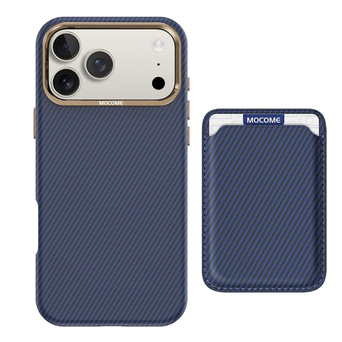 For iPhone 18 Pro Max Magnetic Case Carbon Fiber Texture Leather Back Phone Cover with Detachable Card Holder - Sapphire - 2