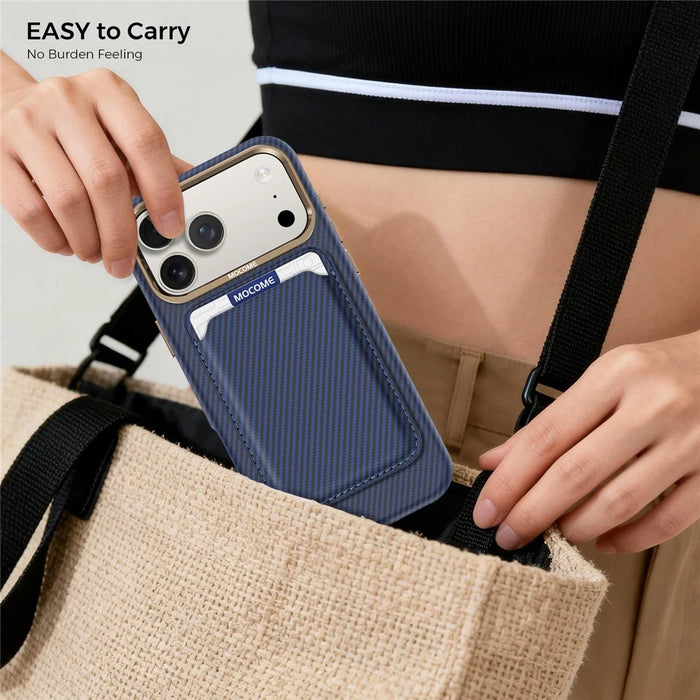 For iPhone 18 Pro Max Magnetic Case Carbon Fiber Texture Leather Back Phone Cover with Detachable Card Holder - Sapphire - 3
