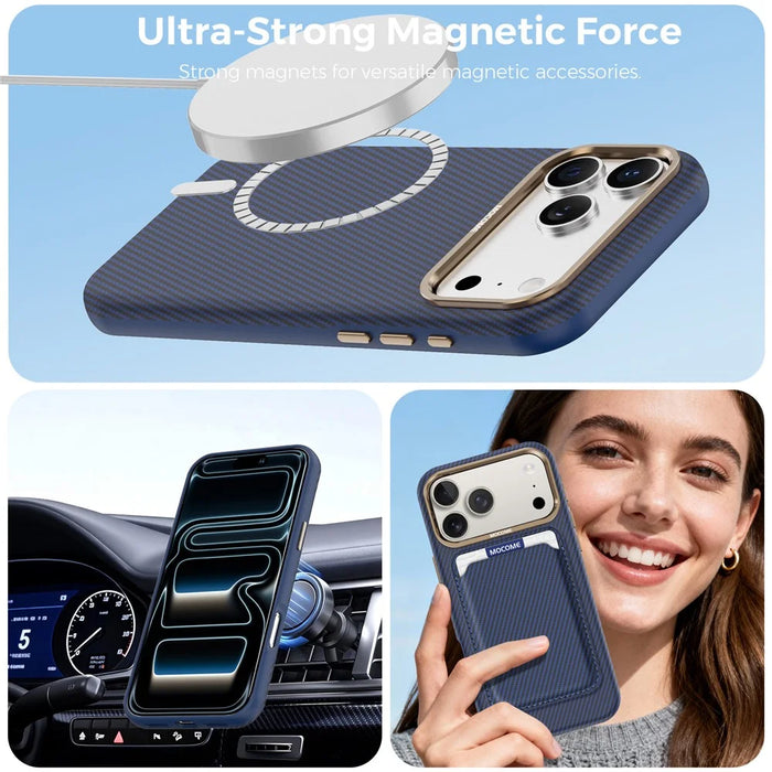 For iPhone 18 Pro Max Magnetic Case Carbon Fiber Texture Leather Back Phone Cover with Detachable Card Holder - Sapphire - 5
