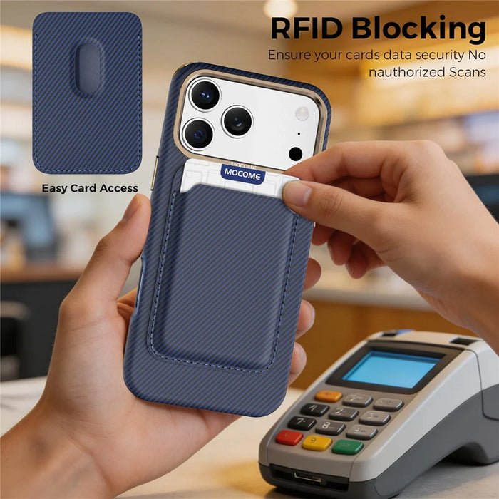 For iPhone 18 Pro Max Magnetic Case Carbon Fiber Texture Leather Back Phone Cover with Detachable Card Holder - Sapphire - 6