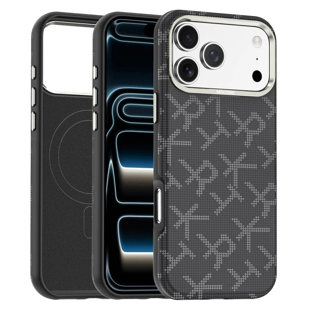 For iPhone 18 Pro Max Magnetic Case Aramid Fiber Texture Leather + PC + TPU Shockproof Phone Cover - Black - 1