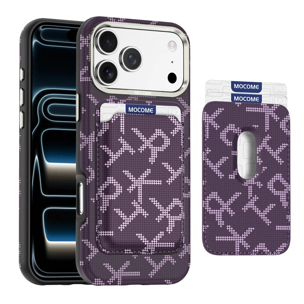 For iPhone 18 Pro Magnetic Case Aramid Fiber Texture Leather Phone Back Cover with Card Holder - Purple - 1