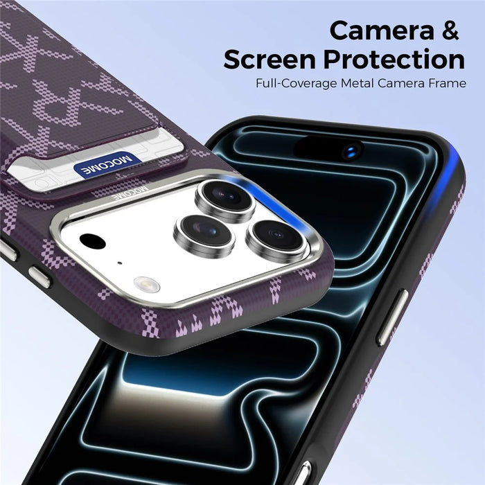 For iPhone 18 Pro Magnetic Case Aramid Fiber Texture Leather Phone Back Cover with Card Holder - Purple - 3