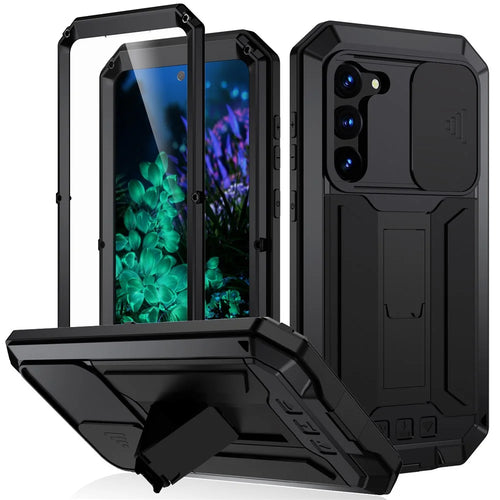 R-JUST For Samsung Galaxy S23+ Slide Camera Lid PC+Silicone+Metal Phone Case Kickstand Drop-proof Cover with Tempered Glass Screen Protector - Black - 1
