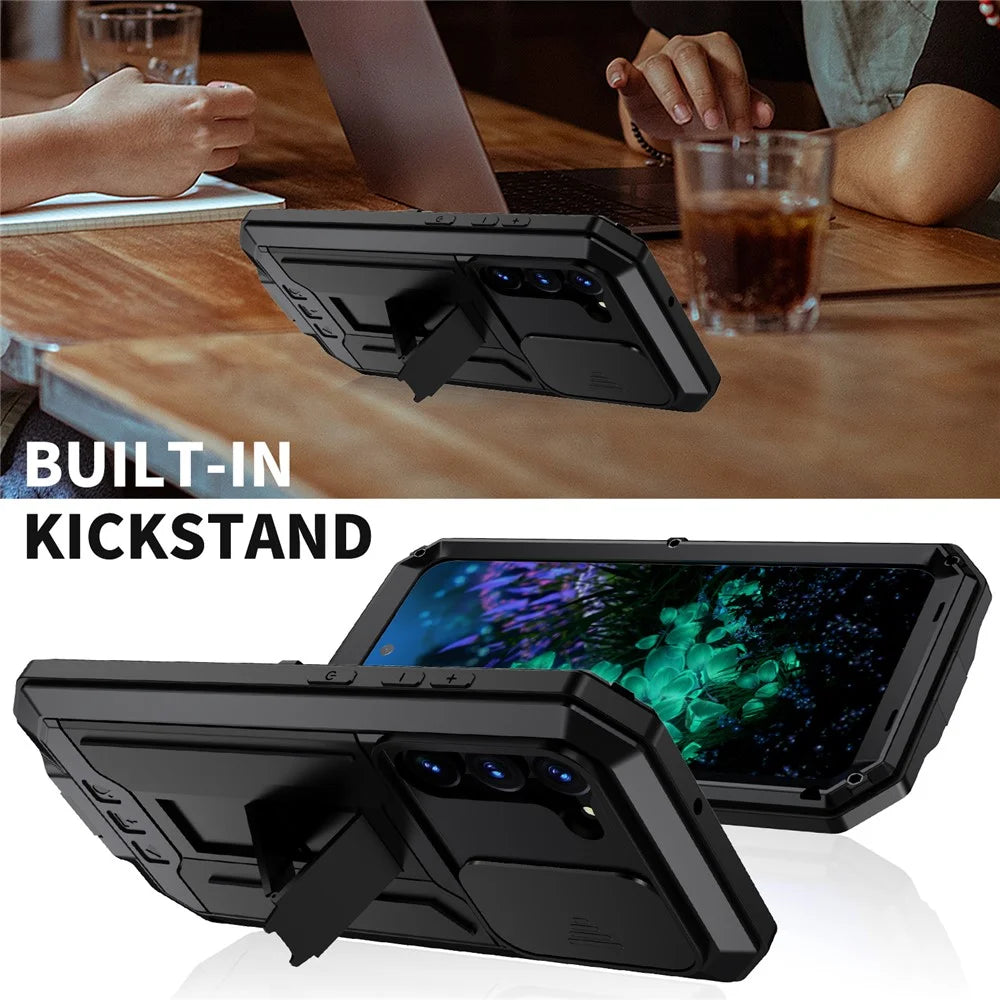 R-JUST For Samsung Galaxy S23+ Slide Camera Lid PC+Silicone+Metal Phone Case Kickstand Drop-proof Cover with Tempered Glass Screen Protector - Black - 2