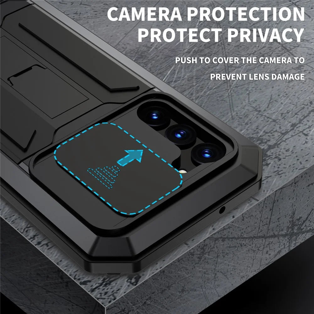 R-JUST For Samsung Galaxy S23+ Slide Camera Lid PC+Silicone+Metal Phone Case Kickstand Drop-proof Cover with Tempered Glass Screen Protector - Black - 3
