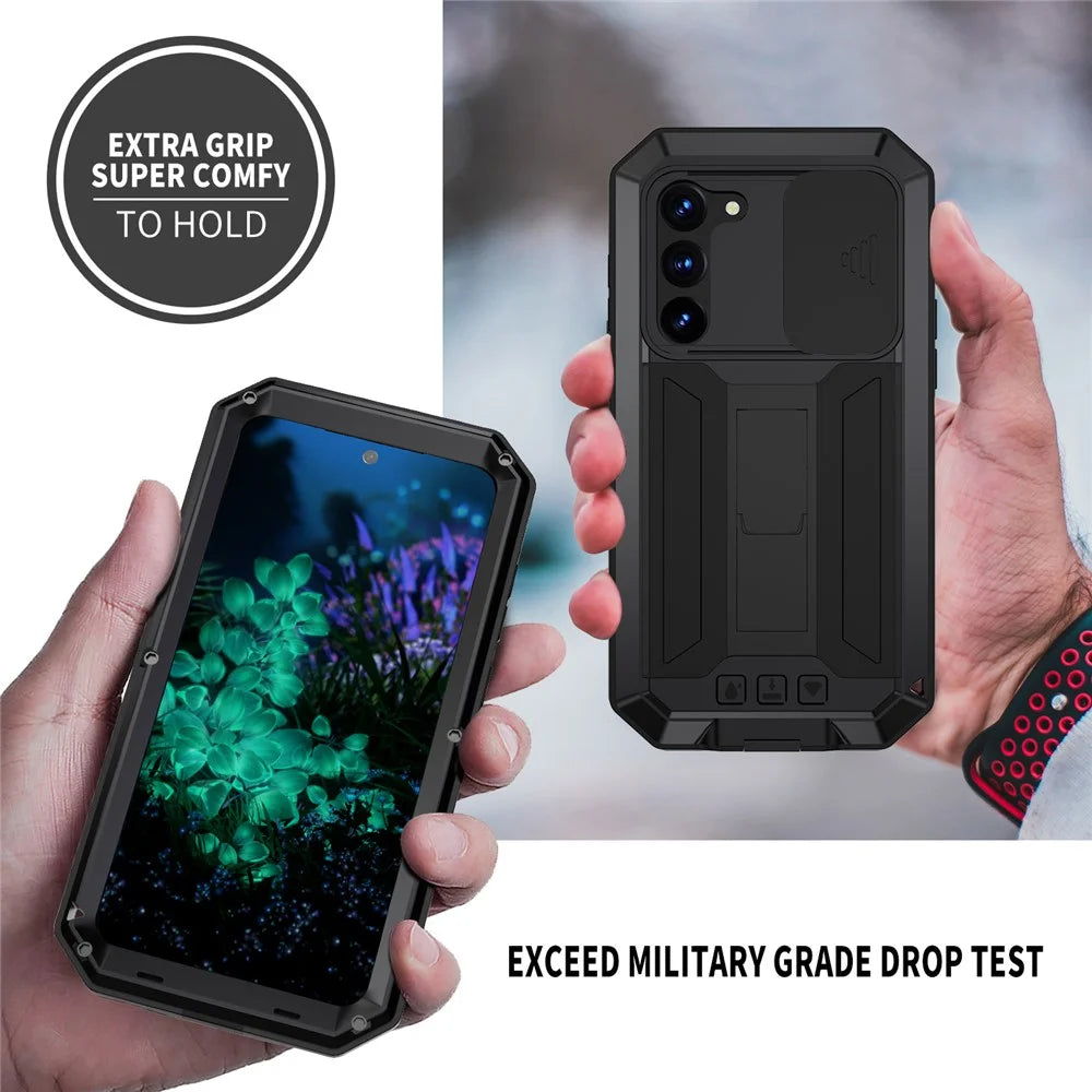 R-JUST For Samsung Galaxy S23+ Slide Camera Lid PC+Silicone+Metal Phone Case Kickstand Drop-proof Cover with Tempered Glass Screen Protector - Black - 5