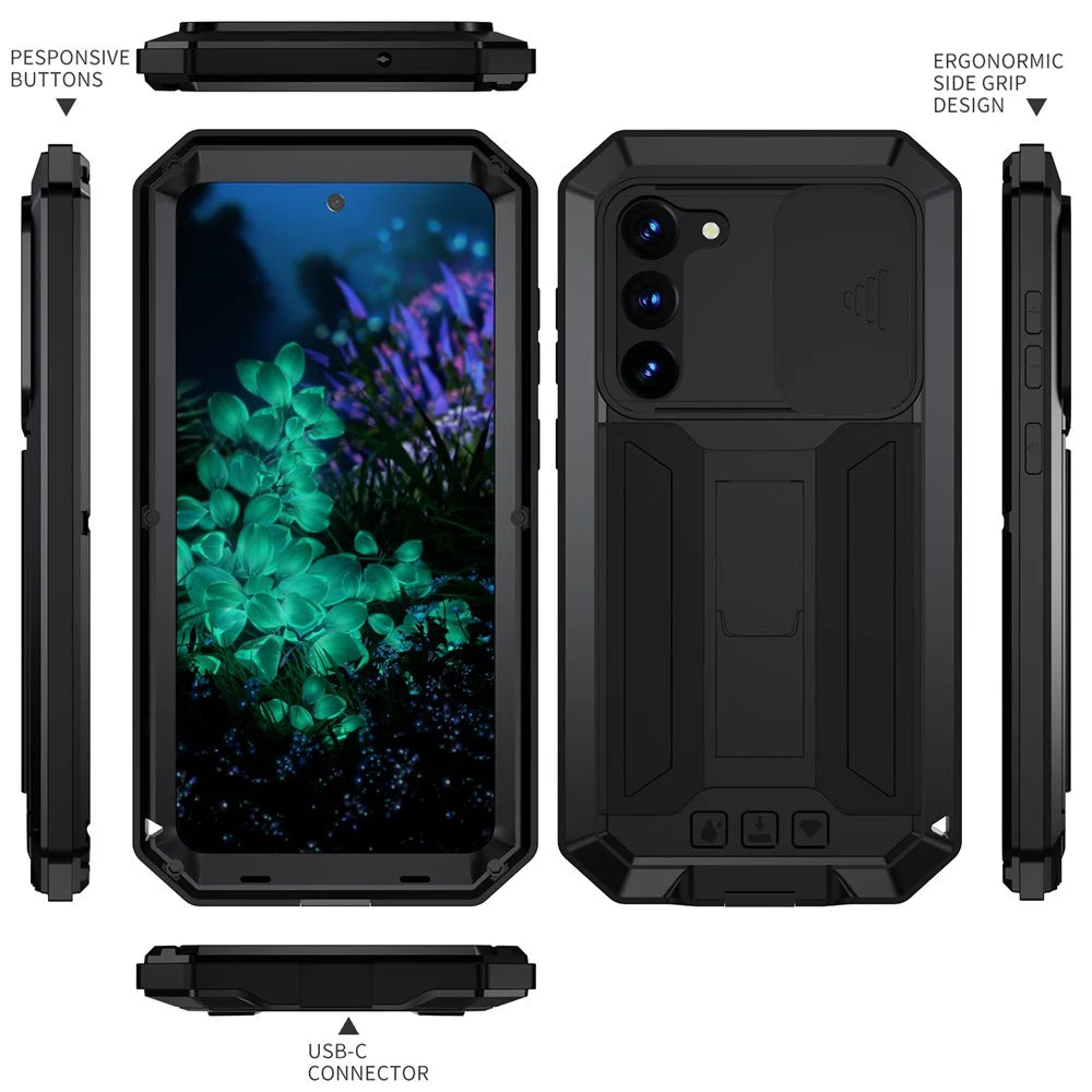R-JUST For Samsung Galaxy S23+ Slide Camera Lid PC+Silicone+Metal Phone Case Kickstand Drop-proof Cover with Tempered Glass Screen Protector - Black - 7