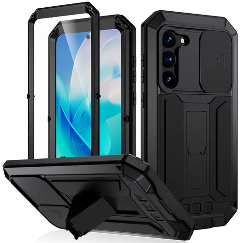 R-JUST For Samsung Galaxy S23 PC+Silicone+Metal Phone Back Case Slide Camera Lid Design Drop-proof Kickstand Cover with Tempered Glass Screen Protector - Black - 1