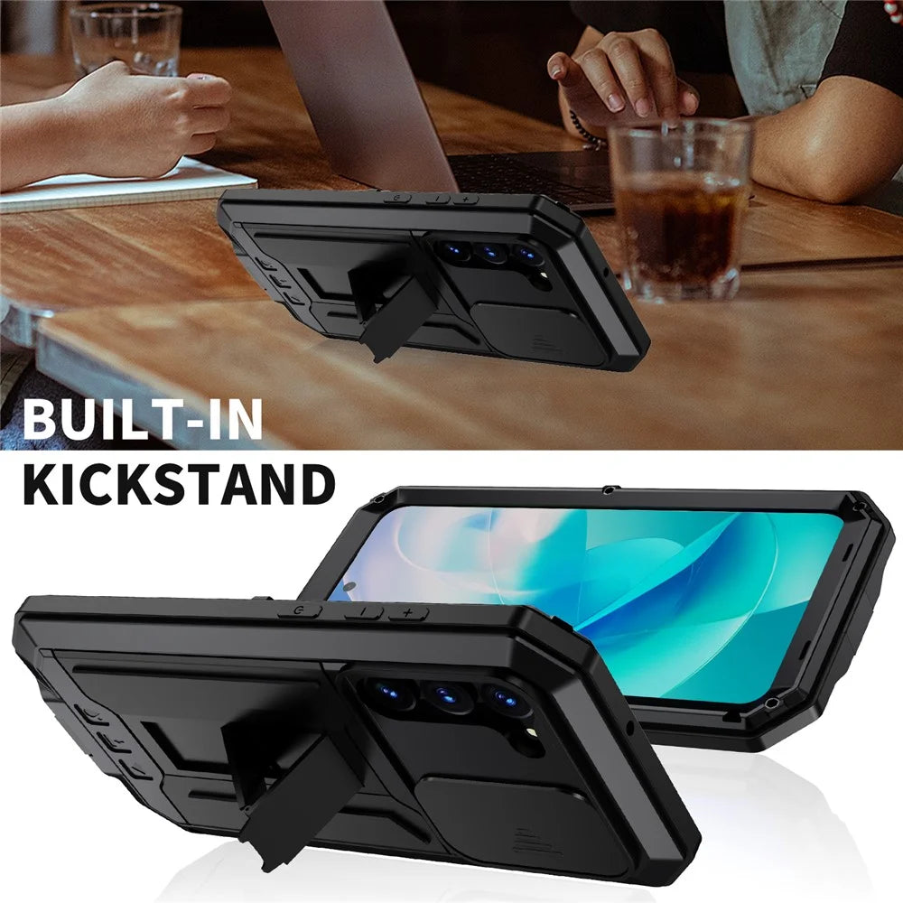 R-JUST For Samsung Galaxy S23 PC+Silicone+Metal Phone Back Case Slide Camera Lid Design Drop-proof Kickstand Cover with Tempered Glass Screen Protector - Black - 2