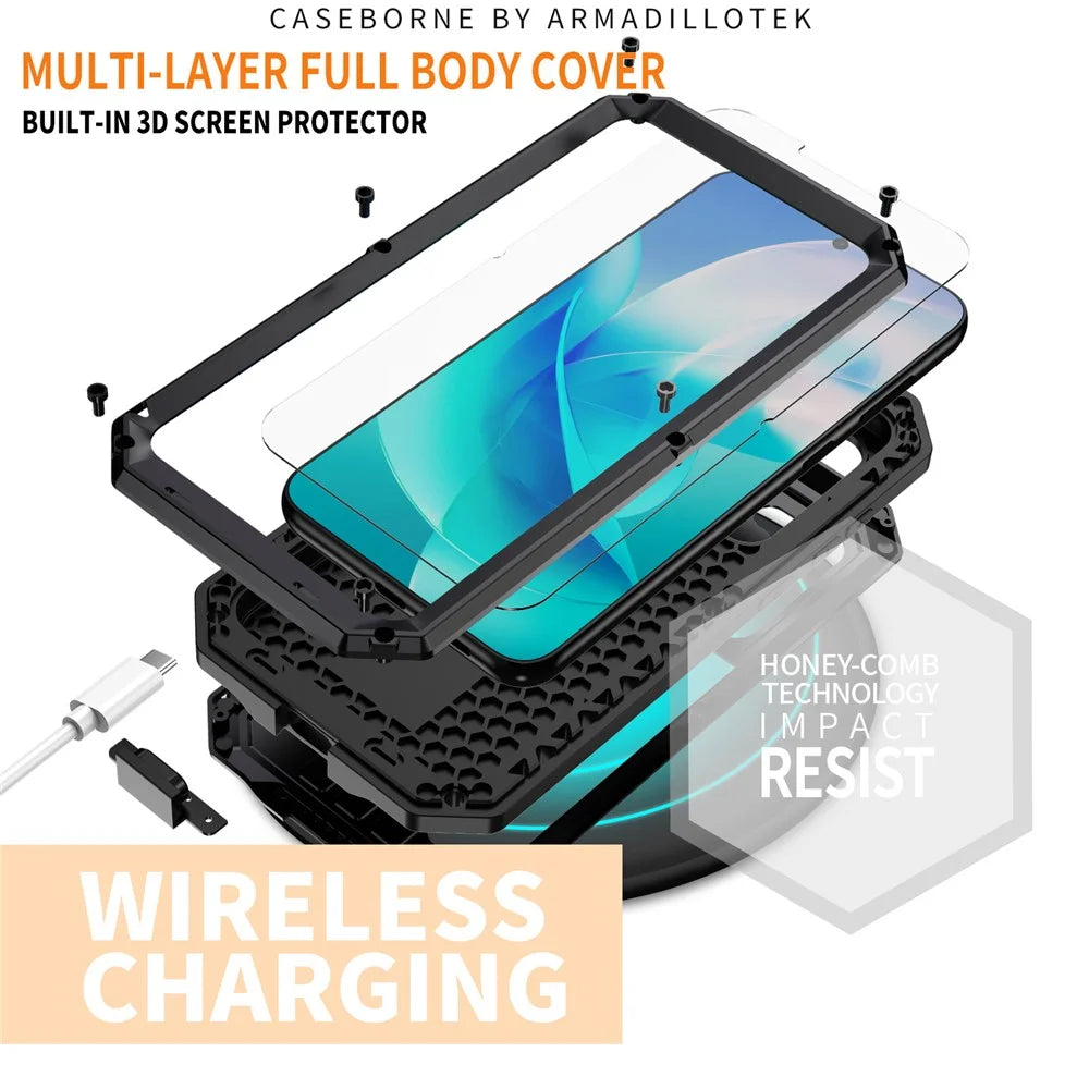 R-JUST For Samsung Galaxy S23 PC+Silicone+Metal Phone Back Case Slide Camera Lid Design Drop-proof Kickstand Cover with Tempered Glass Screen Protector - Black - 4