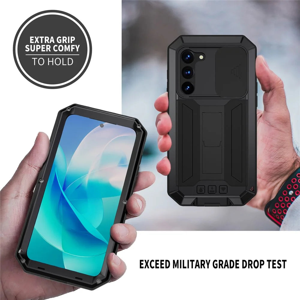 R-JUST For Samsung Galaxy S23 PC+Silicone+Metal Phone Back Case Slide Camera Lid Design Drop-proof Kickstand Cover with Tempered Glass Screen Protector - Black - 5