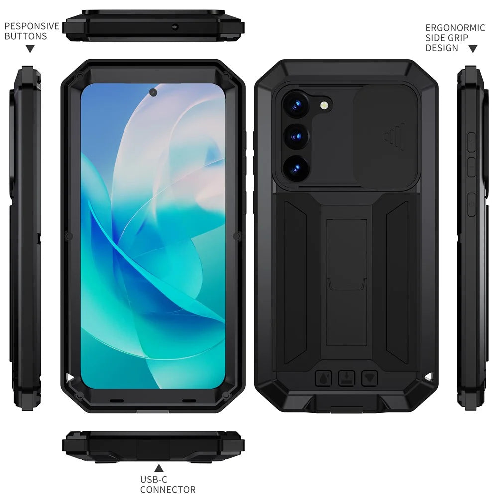 R-JUST For Samsung Galaxy S23 PC+Silicone+Metal Phone Back Case Slide Camera Lid Design Drop-proof Kickstand Cover with Tempered Glass Screen Protector - Black - 7