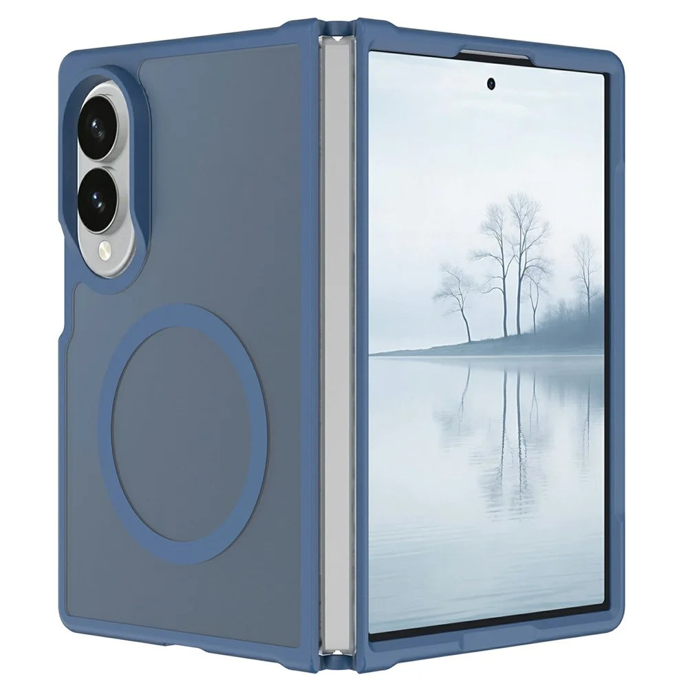 For Samsung Galaxy Z Fold8 Magnetic Phone Case Matte Finish TPU PC Shockproof Phone Cover with Tempered Glass Film - Sapphire - 1