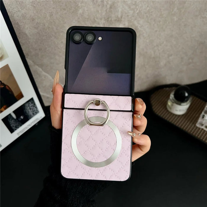 For Samsung Galaxy Z Flip8 Magnetic Case Diamond Quilted Leather Back Cover with Ring Holder Kickstand - Pink - 1