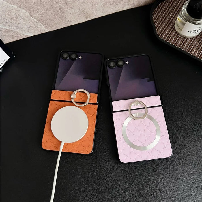 For Samsung Galaxy Z Flip8 Magnetic Case Diamond Quilted Leather Back Cover with Ring Holder Kickstand - Pink - 4