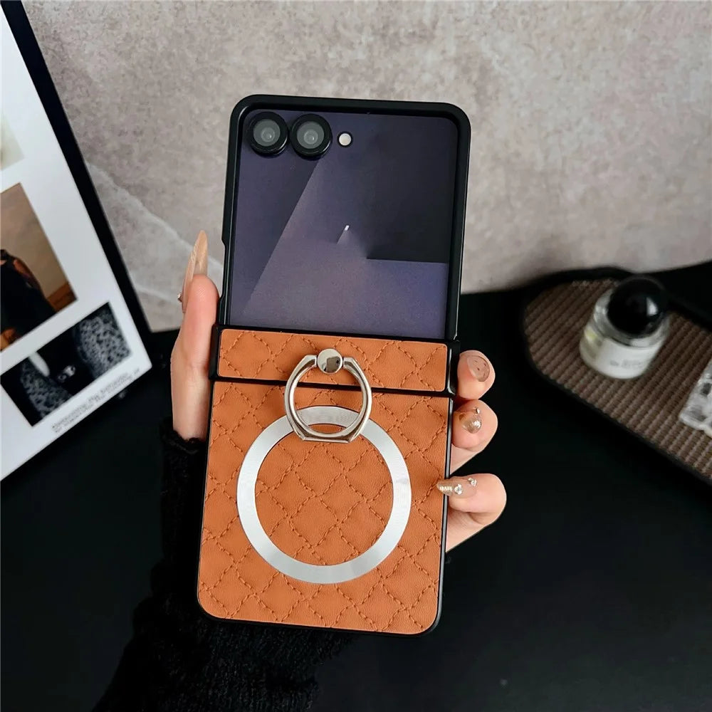 For Samsung Galaxy Z Flip7 5G Magnetic Case Diamond Quilted Leather Back Cover with Ring Holder Kickstand - Brown - 1