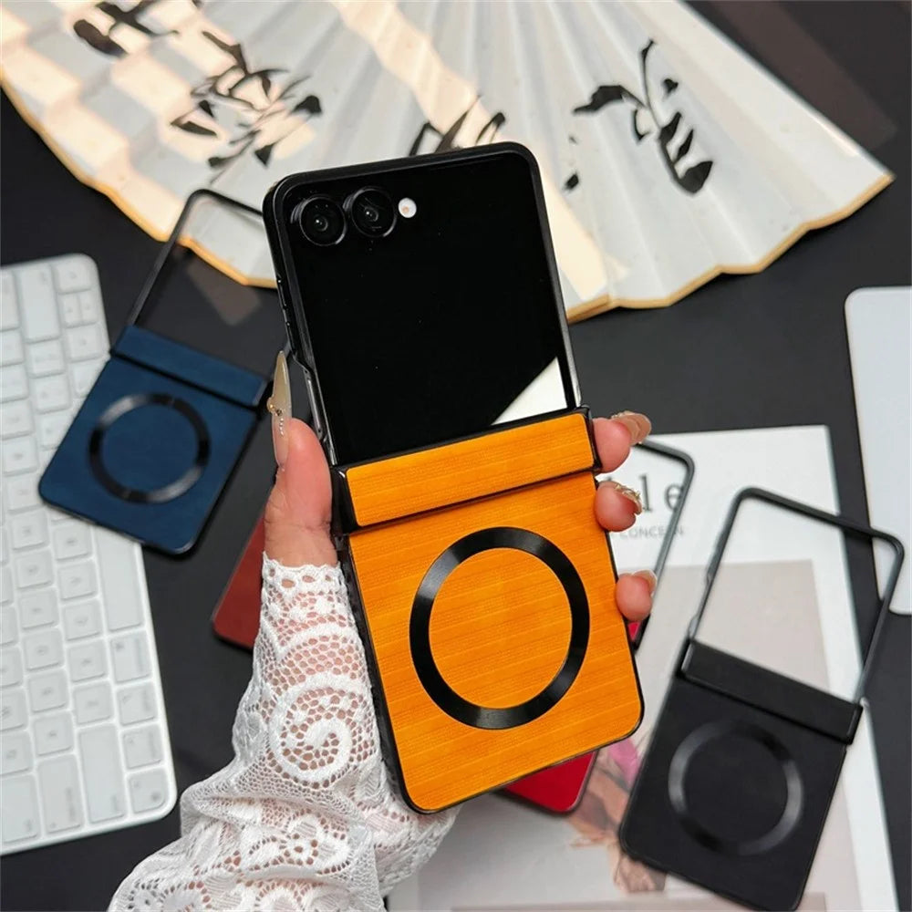 For Samsung Galaxy Z Flip7 5G Magnetic Case Stripe Texture Leather + PC + TPU Phone Cover - Yellow - 2