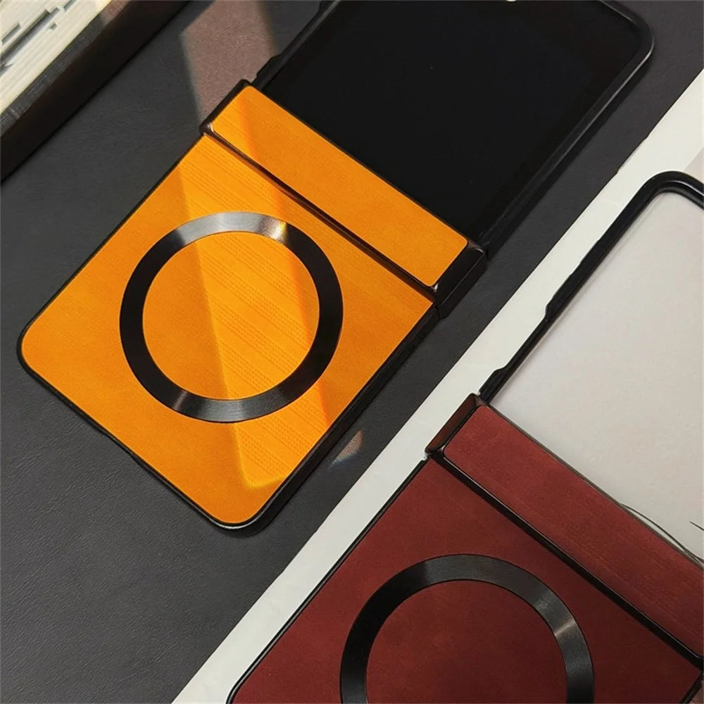 For Samsung Galaxy Z Flip7 5G Magnetic Case Stripe Texture Leather + PC + TPU Phone Cover - Yellow - 3