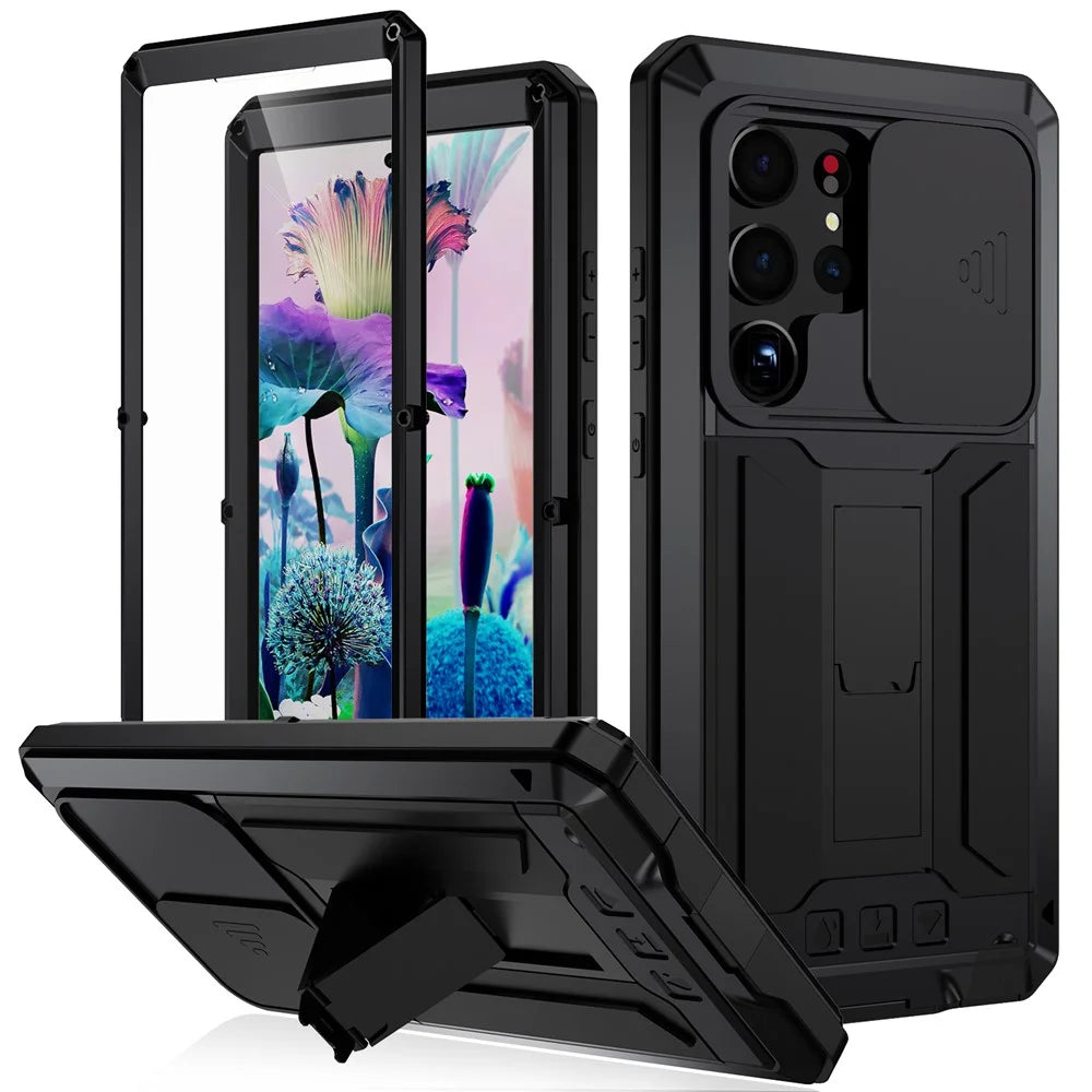 R-JUST For Samsung Galaxy S23 Ultra Slide Camera Lid PC+Silicone+Metal Phone Anti-drop Case Hidden Kickstand Back Cover with Tempered Glass Screen Protector - Black - 1