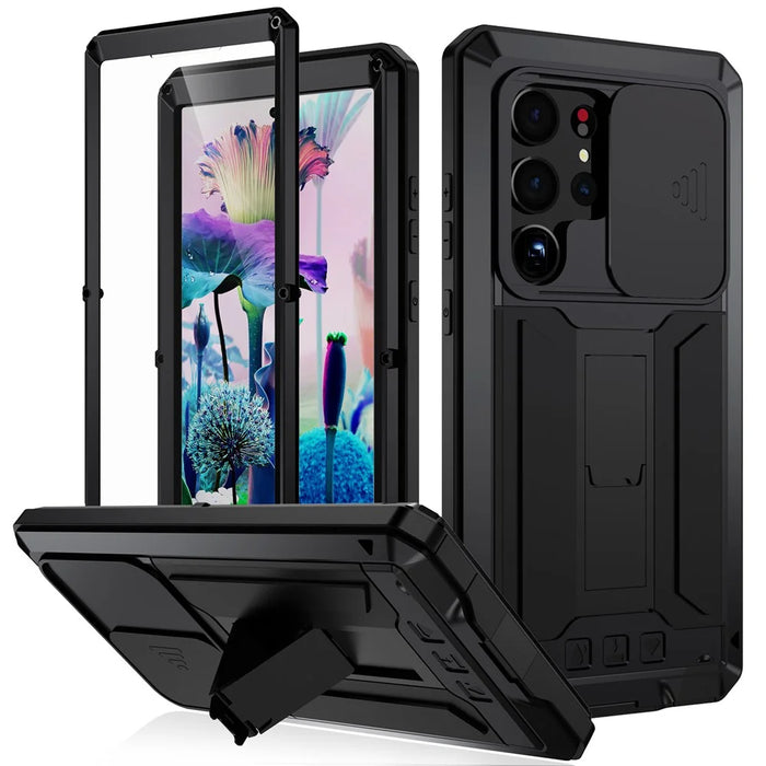 R-JUST For Samsung Galaxy S23 Ultra Slide Camera Lid PC+Silicone+Metal Phone Anti-drop Case Hidden Kickstand Back Cover with Tempered Glass Screen Protector - Black - 1
