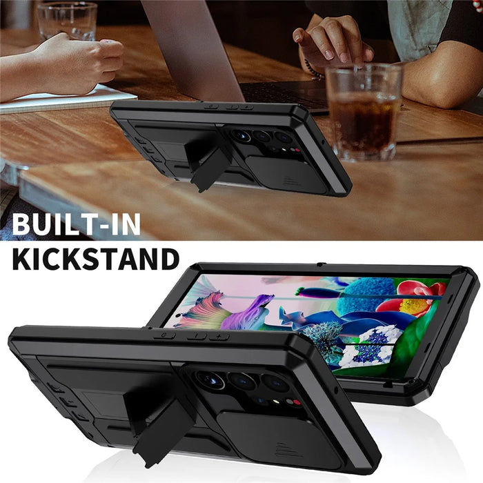 R-JUST For Samsung Galaxy S23 Ultra Slide Camera Lid PC+Silicone+Metal Phone Anti-drop Case Hidden Kickstand Back Cover with Tempered Glass Screen Protector - Black - 2